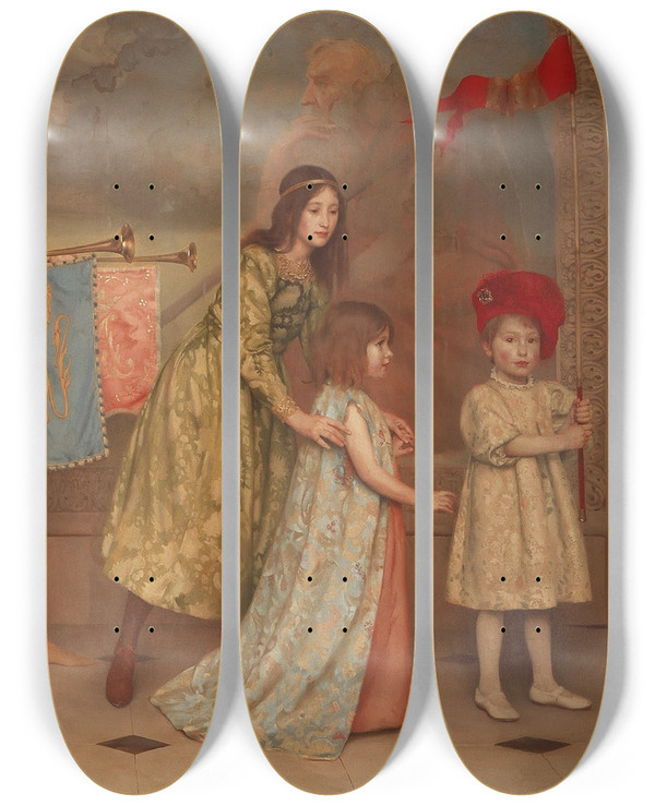 Triptych art skateboard deck of Thomas Cooper Gotch A Pageant Of Childhood by Thomas Cooper Gotch (1854-1931)