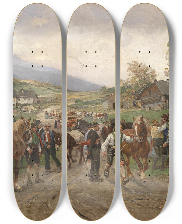 Triptych art skateboard deck of Julius Von Blaas Pferdemarkt by Julius Von Blaas (1845-1923)