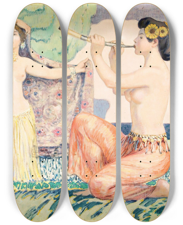 Triptych art skateboard deck of Ludwig Von Hofmann Arcadian Idyll by Ludwig Von Hofmann (1861-1945)