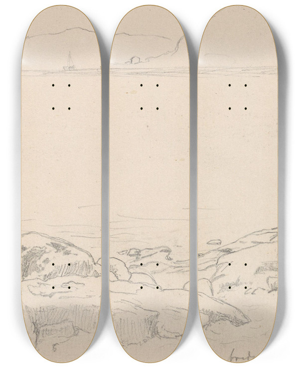 Triptych art skateboard deck of Hans Gude Fra Vrengen_1 by Hans Gude (1825-1903)
