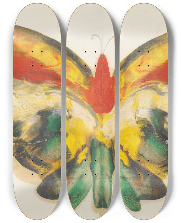 Triptych art skateboard deck of Albert Bierstadt Yellowbutterfly by Albert Bierstadt (1830-1902)