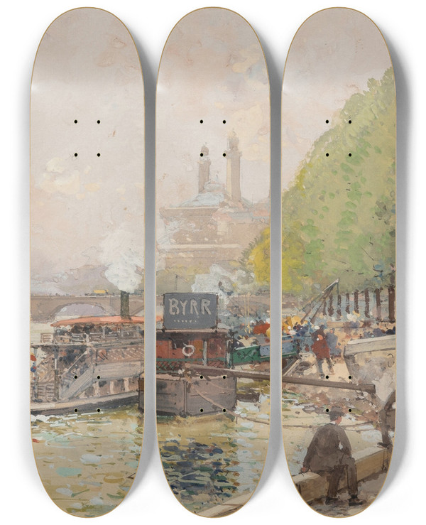Triptych art skateboard deck of Eugne Galienlaloue Quai De Passy by Eugene Galien Laloue (1854-1941)