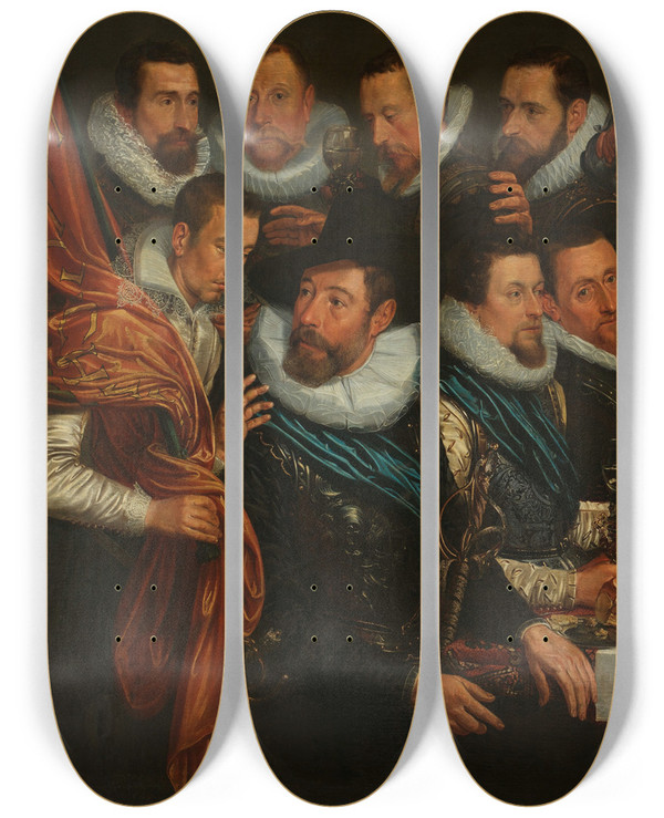 Triptych art skateboard deck of Jan Tengnagel Officers And Other Civic Guardsmen Of The Xith District Of Amsterdam Under The Command Of Captain Geurt Dircksz Van Beuningen And Lieutenant Pieter Martensz Hoeffijser by Jan Tengnagel (1584-1635)