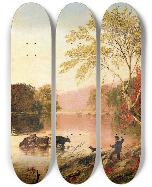 Triptych art skateboard deck of Jasper Francis Cropsey Autumn On The Hudson River by Jasper Francis Cropsey (1823-1900)