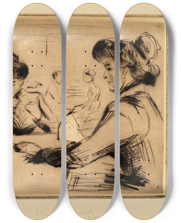 Triptych art skateboard deck of Edvard Munch Hopfenblte Female Card Player by Edvard Munch (1863-1944)