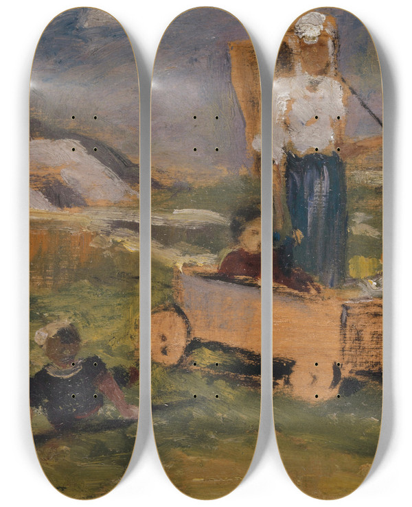 Triptych art skateboard deck of Ernst Stckelberg Children Playing On A Meadow by Ernst Stuckelberg (1831-1903)