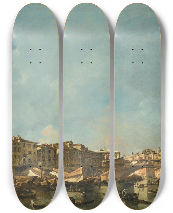 Triptych art skateboard deck of Francesco Guardi Venice A View Of The Rialto Bridge Looking North From The Fondamenta Del Carbon by Francesco Guardi (1712-1793)