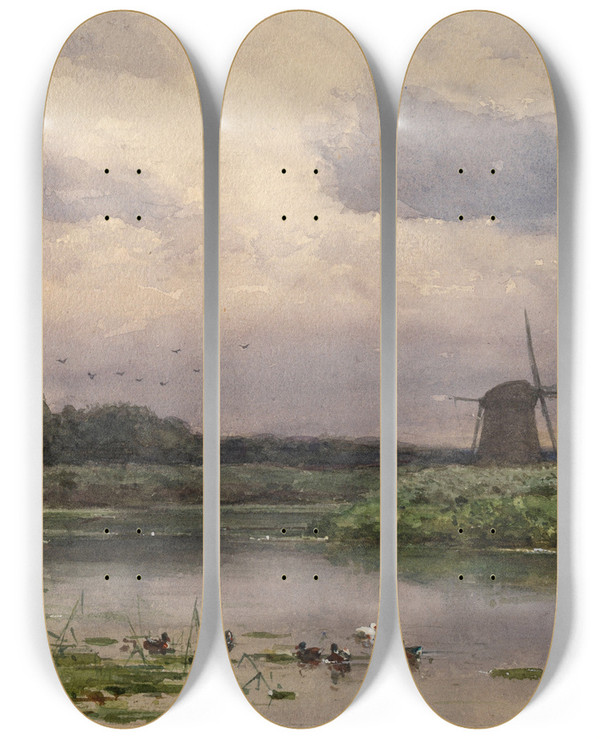 Triptych art skateboard deck of Willem Roelofs Dutch Landscape by Willem Roelofs (1822-1897)