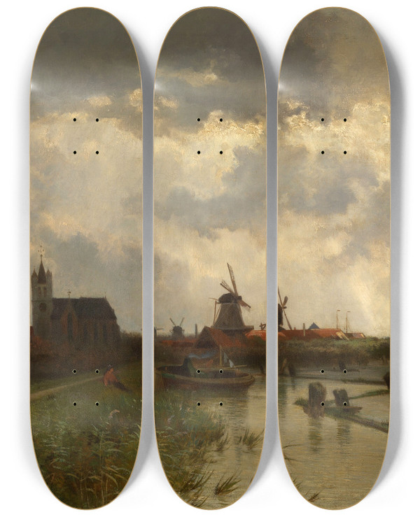 Triptych art skateboard deck of Edmond De Schampheleer Souvenir Of The Zuiderzee by Edmond De Schampheleer (1824-1899)