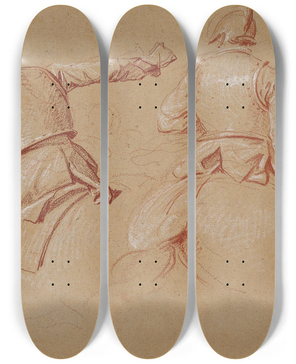 Triptych art skateboard deck of Charles Parrocel Trois Soldats Casqus Cheval by Charles Parrocel (1688-1752)