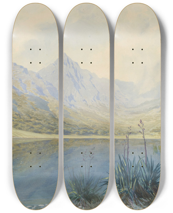 Triptych art skateboard deck of John Gully Lake Scene Lake Te Wharau by John Gully (1819-1888)