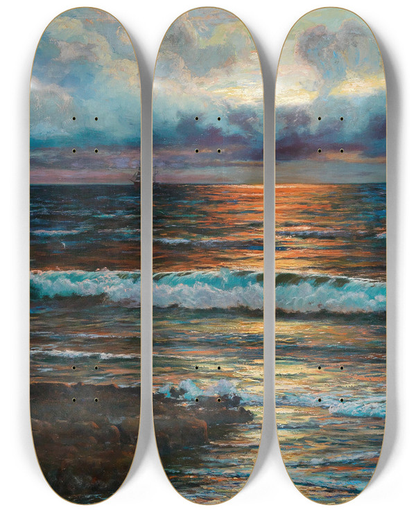 Triptych art skateboard deck of Vartan Makhokhian Sunset On The Seashore by Vartan Makhokhian (1869-1937)