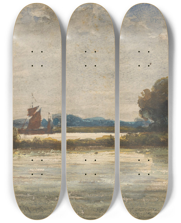 Triptych art skateboard deck of Johannes Gijsbert Vogel Riviergezicht Bij Sliedrecht Met Zeilschip by Johannes Gijsbert Vogel (1828-1915)