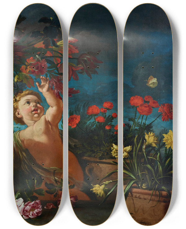 Triptych art skateboard deck of Abraham Brueghel Vases Of Flowers With Putti In A Landscape by Abraham Brueghel (1631-1697)