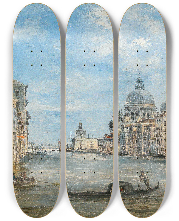 Triptych art skateboard deck of Giovanni Grubacs Venice A View Of The Grand Canal by Giovanni Grubacs (1829-1919)