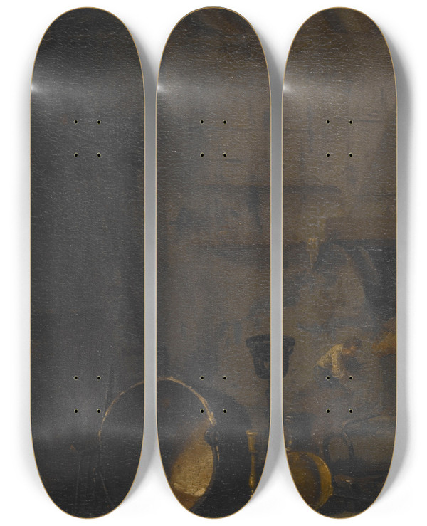 Triptych art skateboard deck of Sbastien Bourdon Kitchen With Hare by Sebastien Bourdon (1616-1671)