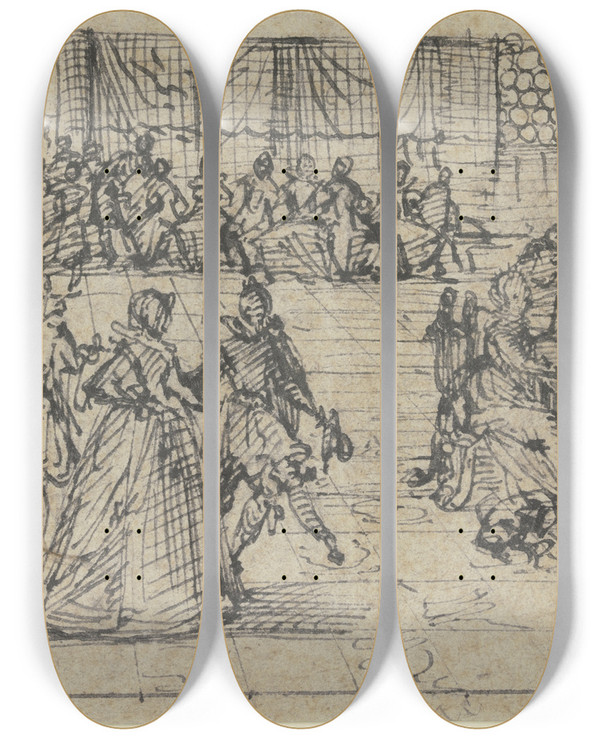 Triptych art skateboard deck of Jacques Callot Kavaliere Und Damen Beim Tanze Eine Dame Spielt Klavier Und Wird Von Einem Orchester Begleitet by Jacques Callot (1592-1635)