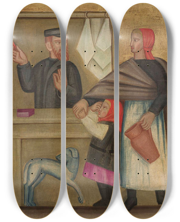 Triptych art skateboard deck of Helena Schrammwna At A Market by Helena Schrammowna (1879-1942)