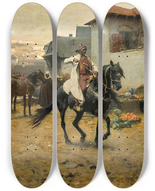 Triptych art skateboard deck of Jozef Brandt A Prizethoroughbred by Jozef Brandt (1841-1915)