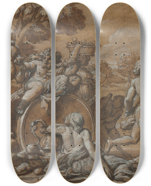 Triptych art skateboard deck of Pietro Da Cortona Bacchanal by Pietro da Cortona (1596-1669)