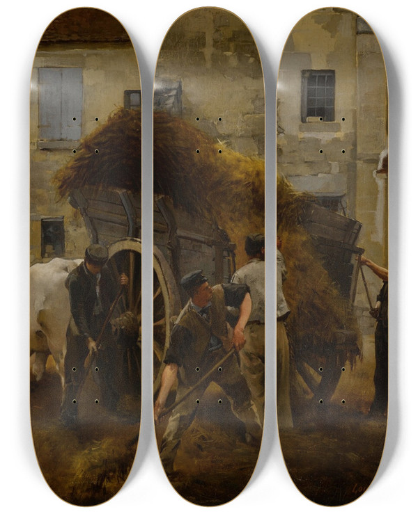 Triptych art skateboard deck of Louisrobert Carrierbelleuse Farmyard Group Of Oxen by Louis-Robert Carrier-Belleuse (1848-1913)