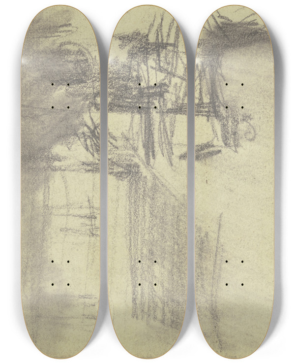Triptych art skateboard deck of Adolph Von Menzel Ungedeutete Darstellung by Adolph Von Menzel (1815-1905)