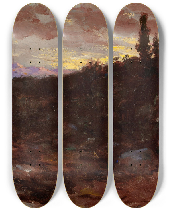 Triptych art skateboard deck of John Bond Francisco Sunset Landscape by John Bond Francisco (1863-1931)