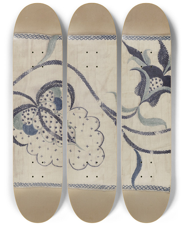 Triptych art skateboard deck of Phyllis Dorr Bedspread by Phyllis Dorr