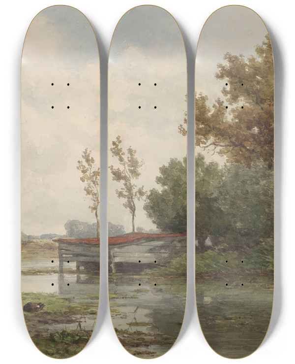 Triptych art skateboard deck of Willem Roelofs Landschap Met Water En Eenden by Willem Roelofs (1822-1897)
