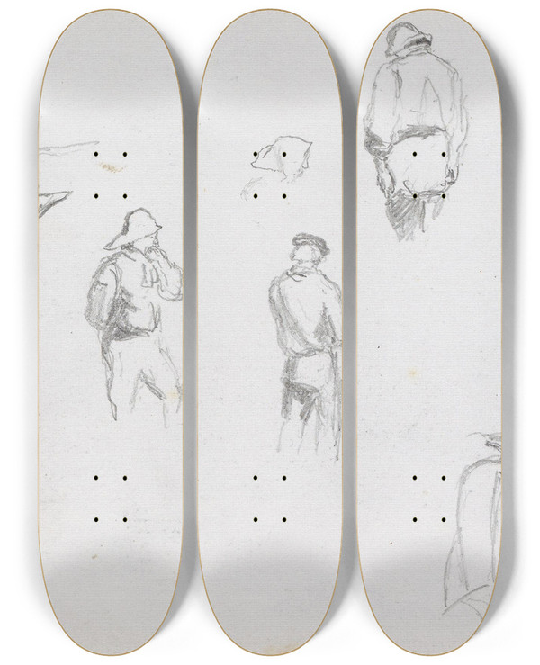 Triptych art skateboard deck of Hans Gude Studier Av Fisker Seilbt by Hans Gude (1825-1903)