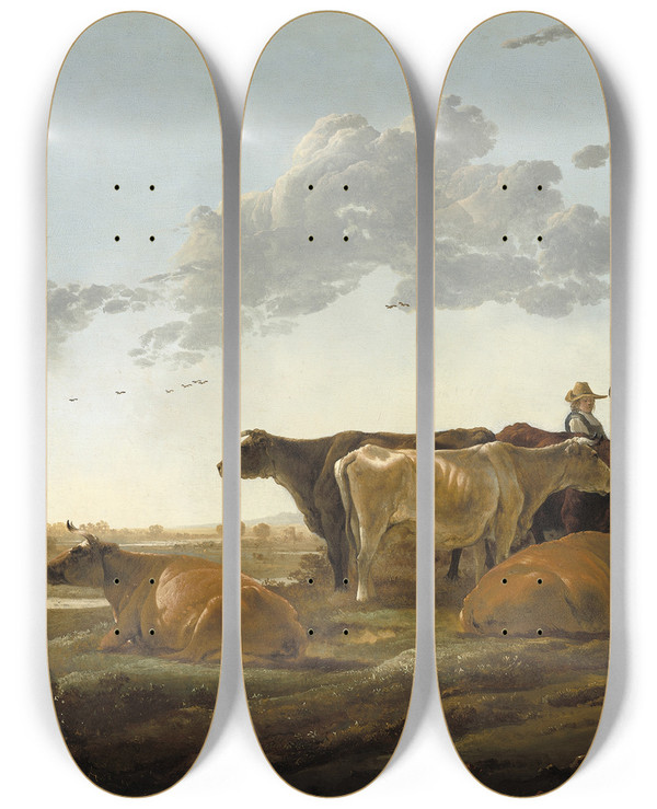 Triptych art skateboard deck of Aelbert Cuyp Landscape With Herdsmen by Aelbert Cuyp (1620-1691)