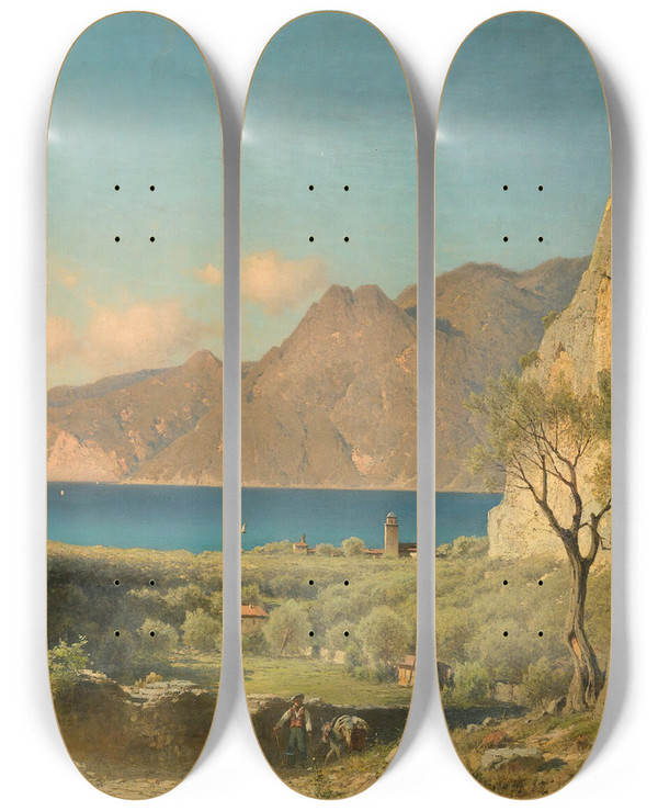 Triptych art skateboard deck of Aleksander Swieszewski Mediterranean Landscape by Aleksander Swieszewski (1839-1895)