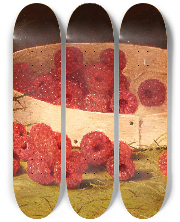 Triptych art skateboard deck of William Mason Brown Raspberries by William Mason Brown (1828-1898)
