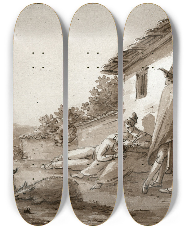 Triptych art skateboard deck of Otto Howen Rustende Boeren In Castillie by Otto Howen (1774-1848)