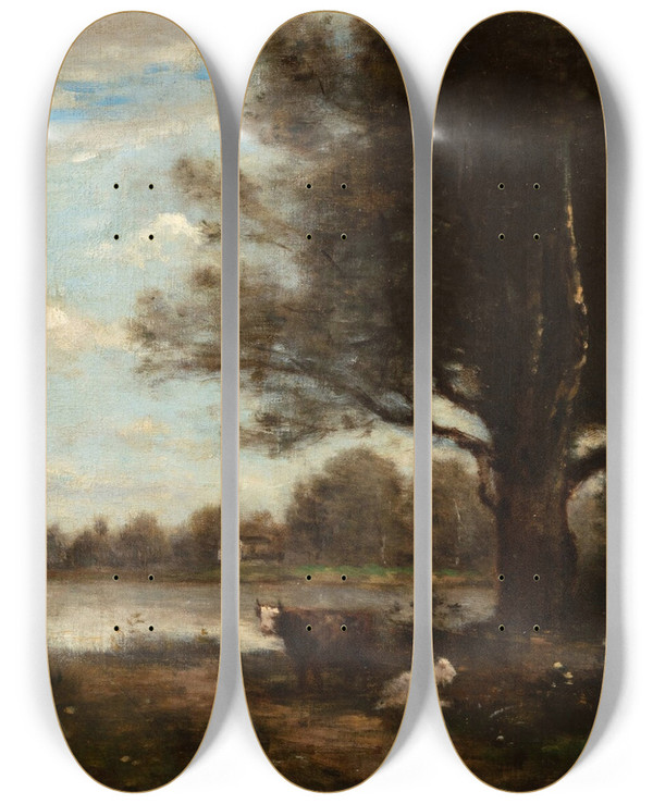 Triptych art skateboard deck of Jeanbaptistecamille Corot Landscape Withcows by Jean-Baptiste-Camille Corot (1796-1875)