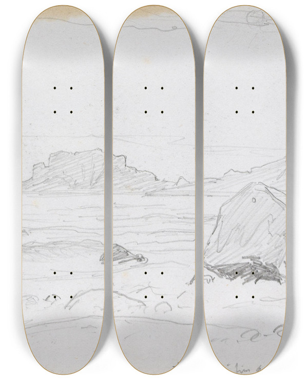 Triptych art skateboard deck of Hans Gude Steinet Strand by Hans Gude (1825-1903)