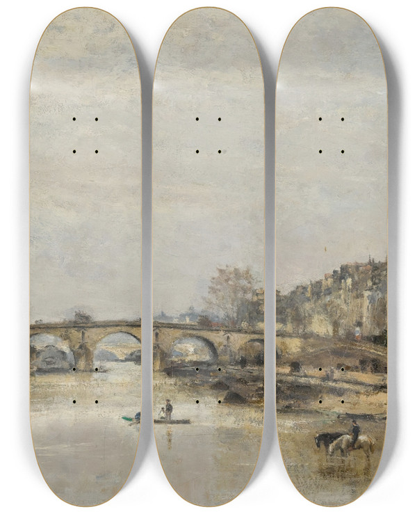 Triptych art skateboard deck of Stanislas Lpine La Seine Au Pont Marie by Stanislas Lepine (1835-1892)