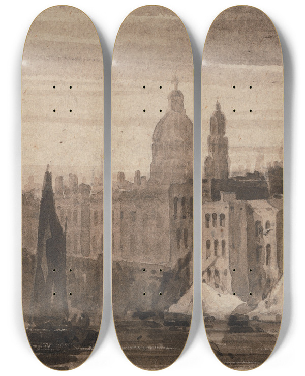 Triptych art skateboard deck of David Cox Old London Bridge And St Pauls Cathedral From The Thames by David Cox (1783-1859)