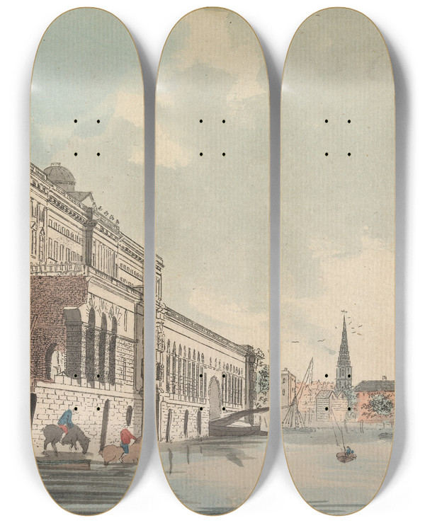 Triptych art skateboard deck of Daniel Turner Somerset House And The Adelphi From The River by Daniel Turner (1782-1801)