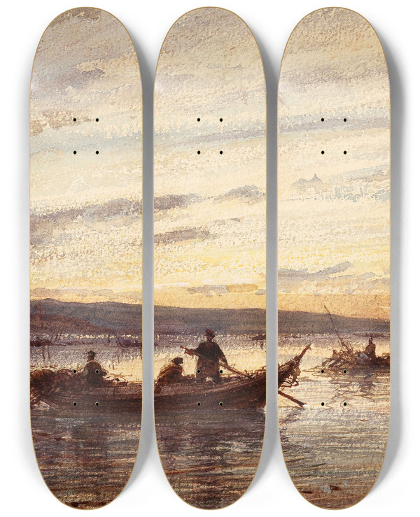 Triptych art skateboard deck of Flix Ziem Les Pcheurs De Martigues by Felix Ziem (1821-1911)