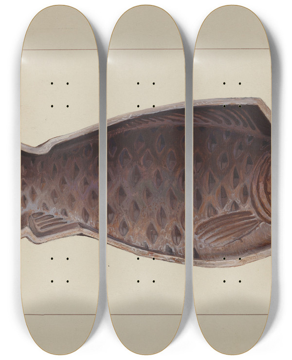 Triptych art skateboard deck of Amos C Brinton Fish Mold by Amos C Brinton