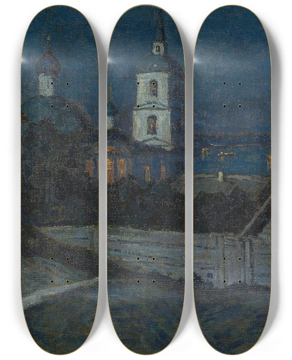 Triptych art skateboard deck of Petr Ivanovich Petrovichev Evening by Petr Ivanovich Petrovichev (1874-1947)