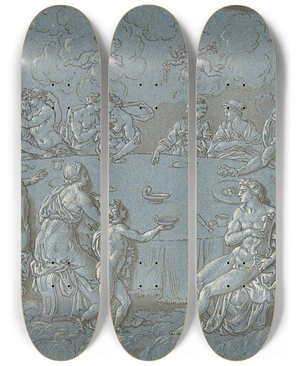 Triptych art skateboard deck of Circle Of Bernard Picart Feast Of The Gods by Circle Of Bernard Picart (1673-1733)