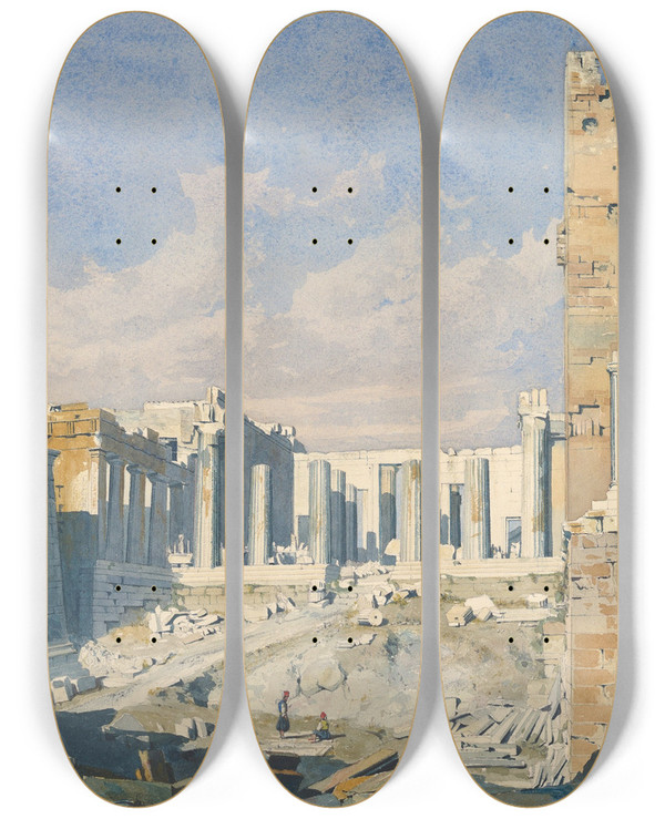 Triptych art skateboard deck of Thomas Hartley Cromek The Acropolis From The West With The Propylaea And The Temple Of Athena Nike Athens by Thomas Hartley Cromek (1809-1873)