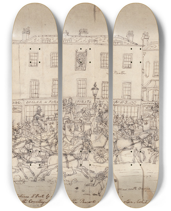 Triptych art skateboard deck of James Pollard The North Country Mails At The Peacock Inn Islington by James Pollard (1792-1867)