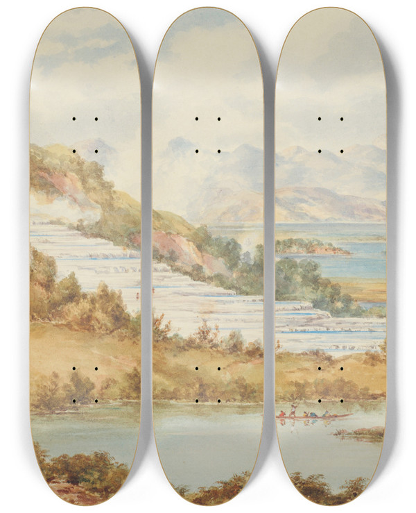Triptych art skateboard deck of Charles Decimus Barraud The White Terraces by Charles Decimus Barraud (1822-1897)