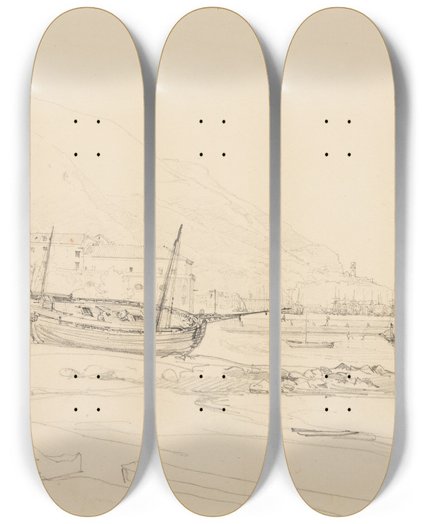 Triptych art skateboard deck of Jacquesraymond Brascassat Vue Dun Port Indtermin_1 by Jacques Raymond Brascassat (1804-1867)