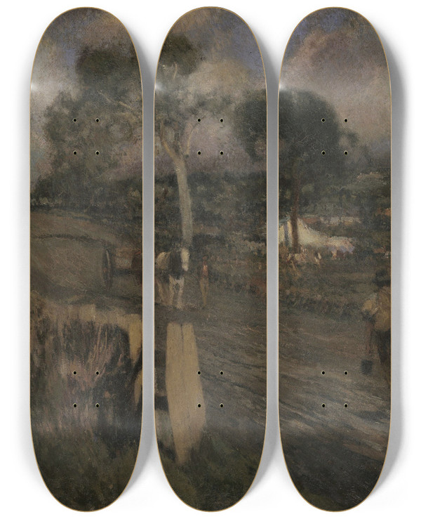Triptych art skateboard deck of Walter Withers Nearing The Township by Walter Withers (1854-1914)