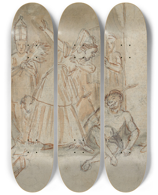 Triptych art skateboard deck of John Massey Wright The Rustics Perform From A Midsummer Nights Dream by John Massey Wright (1777-1866)