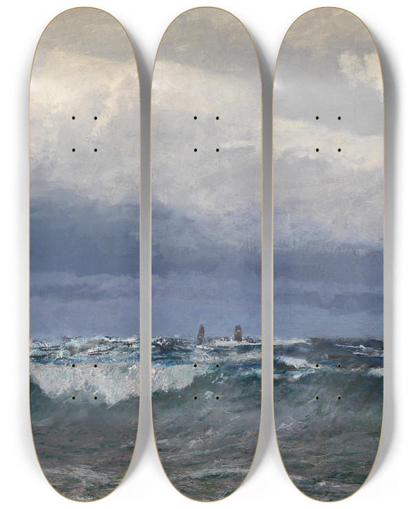 Triptych art skateboard deck of Alfred Zoff Meeresbrandung Mit Segelschiffen by Alfred Zoff (1852-1927)